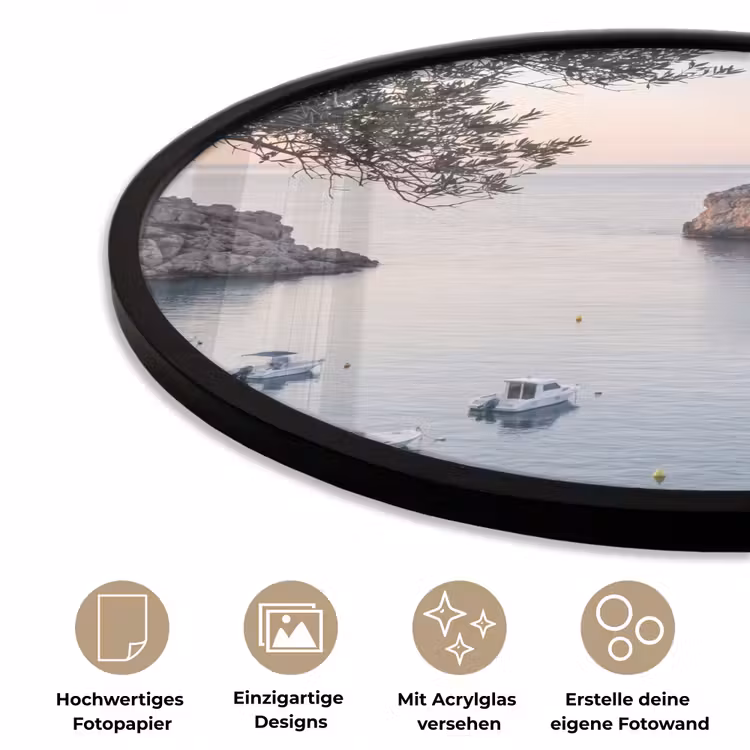Poster im Rahmen Rund - Bucht – Boote – Sonnenuntergang - Baai - boten - zonsondergang Fotolijst rond zonder passe partout klein