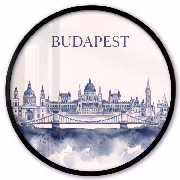 Boedapest - Skyline - Architectuur - Aquarel - Blauw Fotolijst rond zonder passe partout klein -3d