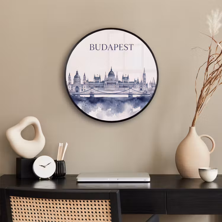 Boedapest - Skyline - Architectuur - Aquarel - Blauw Fotolijst rond zonder passe partout klein -sfeer1