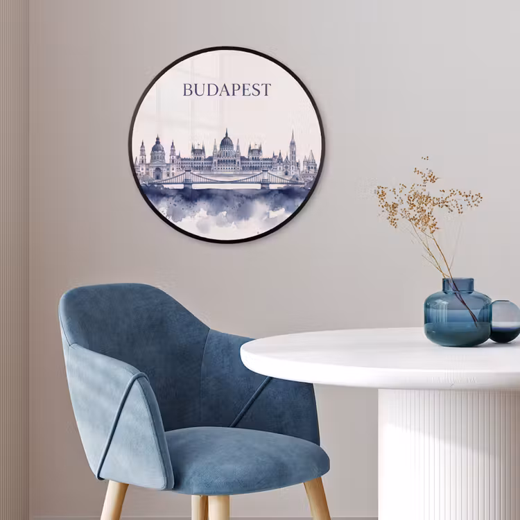 Boedapest - Skyline - Architectuur - Aquarel - Blauw Fotolijst rond zonder passe partout klein -sfeer2