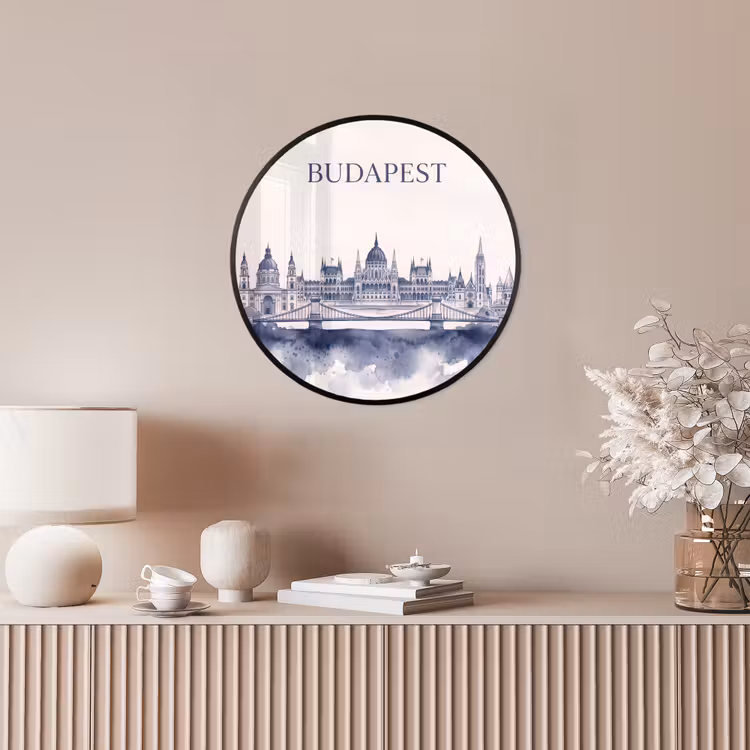 Boedapest - Skyline - Architectuur - Aquarel - Blauw Fotolijst rond zonder passe partout klein -sfeer3