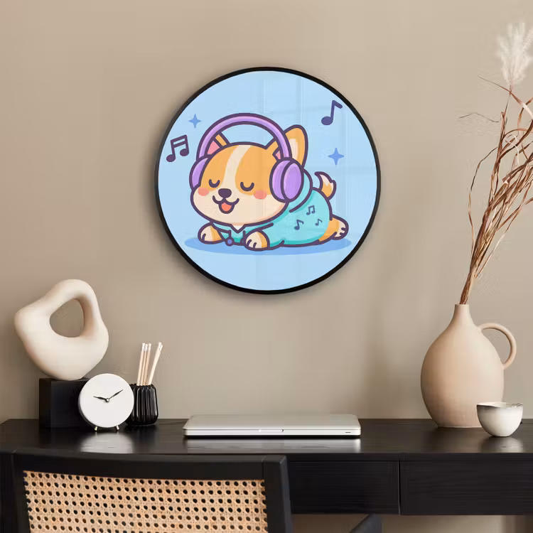 Corgi - Koptelefoon - Blauw - Muzieknoten Fotolijst rond zonder passe partout klein -sfeer1