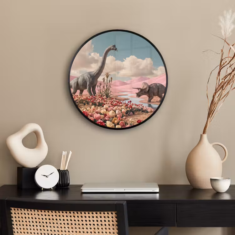 Poster im Rahmen Rund - Dinosaurier – Rosa – Landschaft - Dinosaurus - Roze - Landschap Fotolijst rond zonder passe partout klein