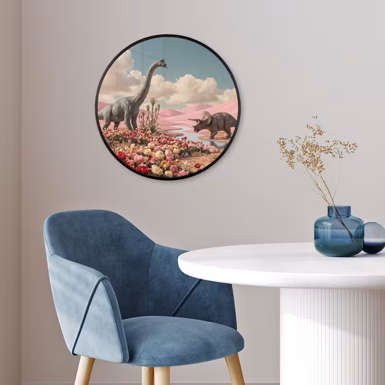 Poster im Rahmen Rund - Dinosaurier – Rosa – Landschaft - Dinosaurus - Roze - Landschap Fotolijst rond zonder passe partout klein