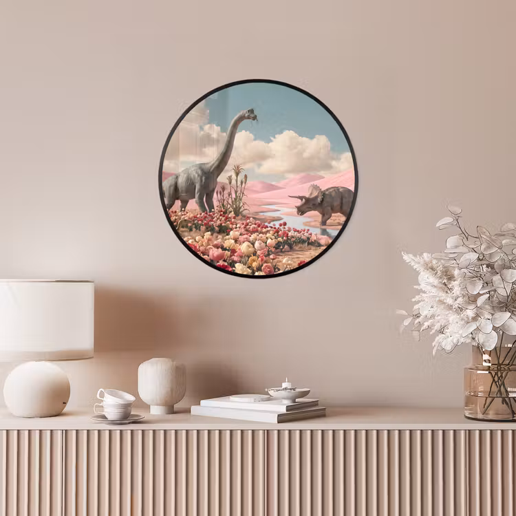 Poster im Rahmen Rund - Dinosaurier – Rosa – Landschaft - Dinosaurus - Roze - Landschap Fotolijst rond zonder passe partout klein