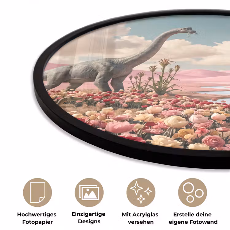 Poster im Rahmen Rund - Dinosaurier – Rosa – Landschaft - Dinosaurus - Roze - Landschap Fotolijst rond zonder passe partout klein