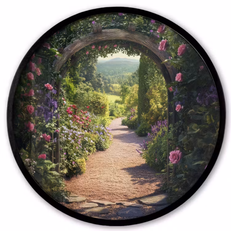 Doorkijk - Bloemen - Natuur - Rozenboog Fotolijst rond zonder passe partout klein -3d