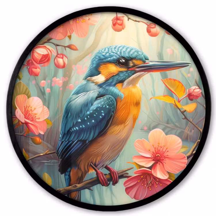 IJsvogel - Bloesem - Natuur - Vogels - Bloemen Fotolijst rond zonder passe partout klein -3d