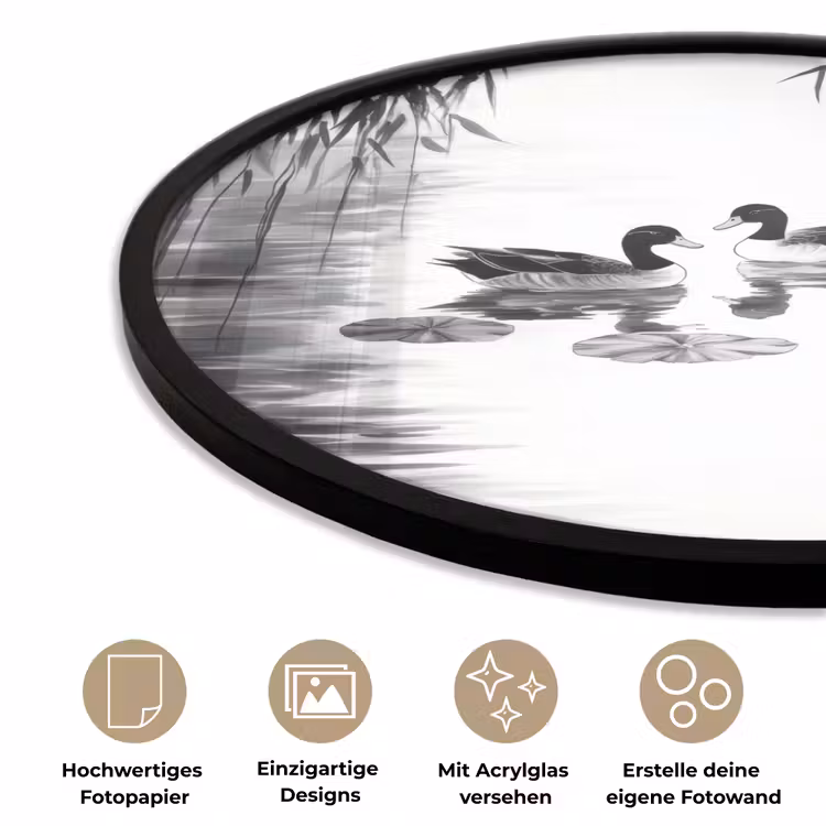 Eenden - Waterlelies - Riet - Zwart Fotolijst rond zonder passe partout klein -closeup_DE
