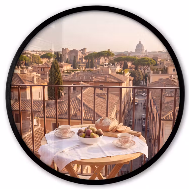 Eten - Ontbijt - Balkon - Stad - Zonsopgang Fotolijst rond zonder passe partout klein -3d