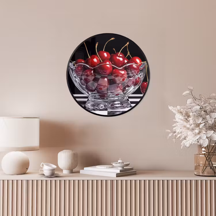 Poster im Rahmen Rund - Essen – Kirschen – Rot - Eten - Kersen - Rood Fotolijst rond zonder passe partout klein