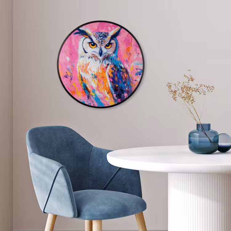 Uil - Roze - Blauw - Verf - Abstract Fotolijst rond zonder passe partout klein -sfeer2