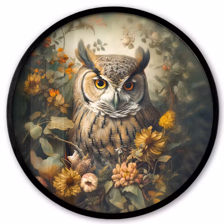 Uil - Vogels - Bloemen - Natuur Fotolijst rond zonder passe partout klein -3d
