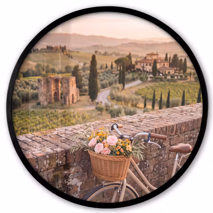 Fiets - Bloemen - Toscane - Landschap - Roze Fotolijst rond zonder passe partout klein -3d
