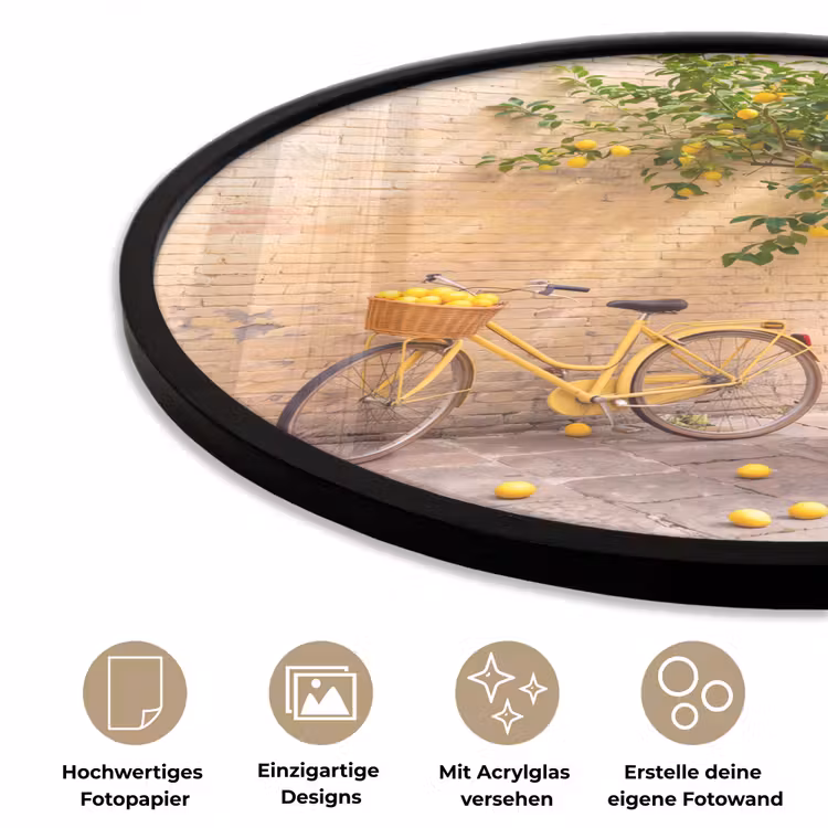 Fiets - Mand - Eten - Geel - Zomer Fotolijst rond zonder passe partout klein -closeup_DE