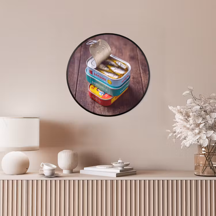 Poster im Rahmen Rund - Fisch – Dosen – Küche - Vis - Blikjes - Keuken Fotolijst rond zonder passe partout klein