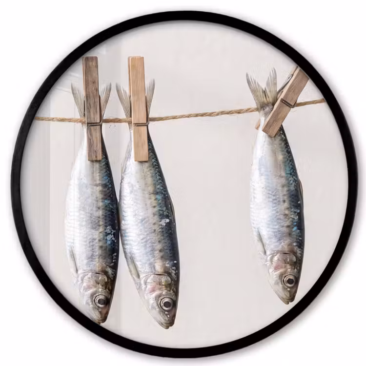 Poster im Rahmen Rund - Fisch – Hängend – Essen - Vis - Hangend - Eten Fotolijst rond zonder passe partout klein