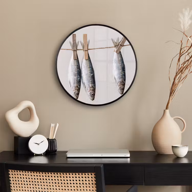 Poster im Rahmen Rund - Fisch – Hängend – Essen - Vis - Hangend - Eten Fotolijst rond zonder passe partout klein