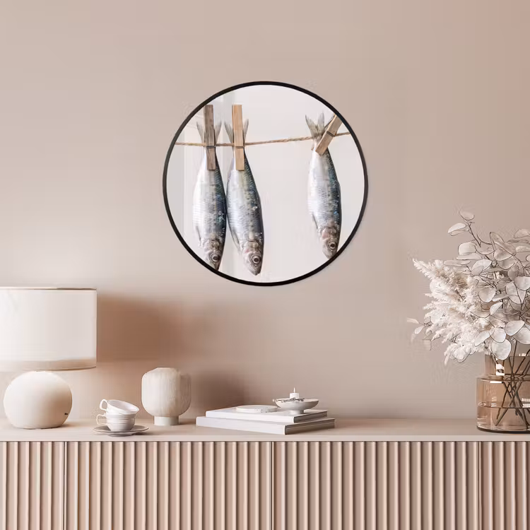 Poster im Rahmen Rund - Fisch – Hängend – Essen - Vis - Hangend - Eten Fotolijst rond zonder passe partout klein