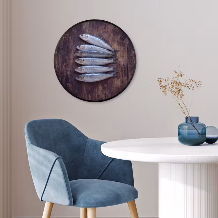 Poster im Rahmen Rund - Fisch – Holz – Essen - Vis - Hout - Eten Fotolijst rond zonder passe partout klein