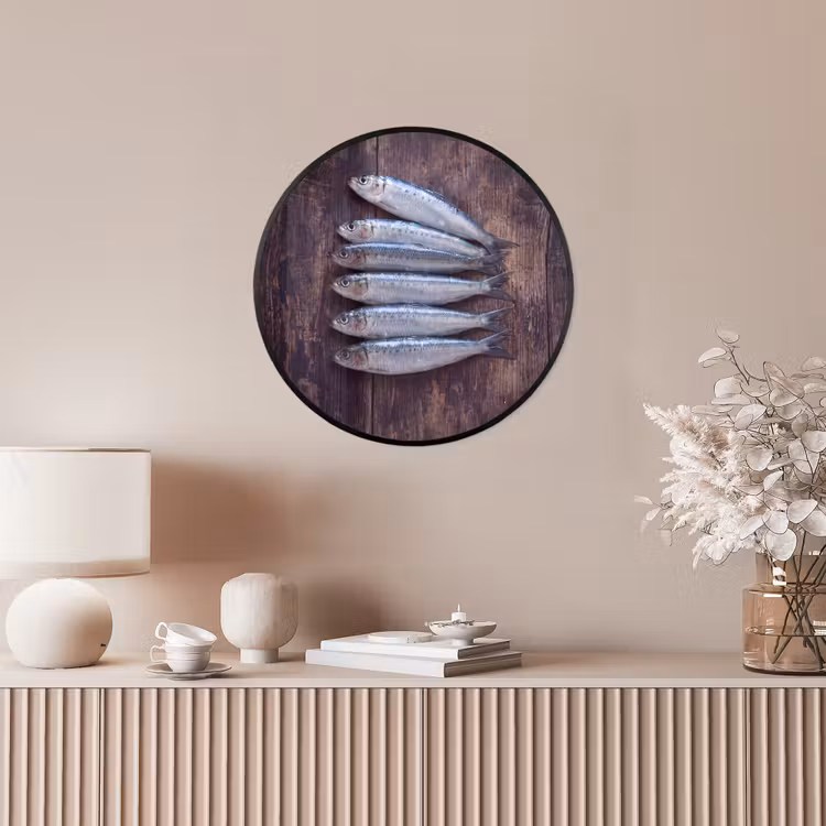 Poster im Rahmen Rund - Fisch – Holz – Essen - Vis - Hout - Eten Fotolijst rond zonder passe partout klein