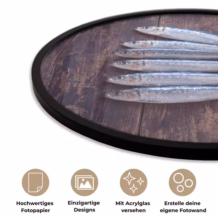 Poster im Rahmen Rund - Fisch – Holz – Essen - Vis - Hout - Eten Fotolijst rond zonder passe partout klein