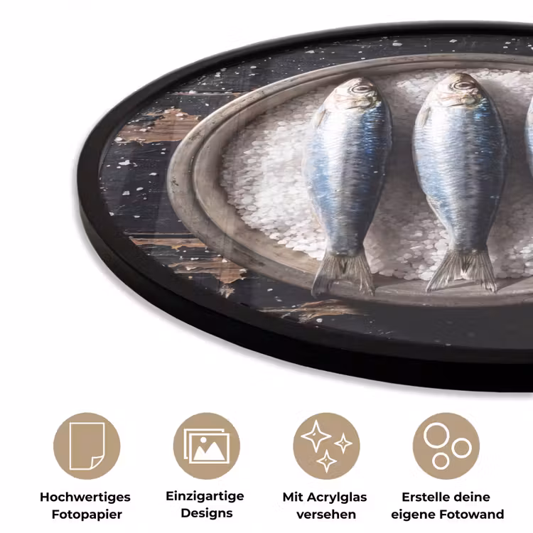 Poster im Rahmen Rund - Fisch – Salz – Essen - Vis - Zout - Eten Fotolijst rond zonder passe partout klein