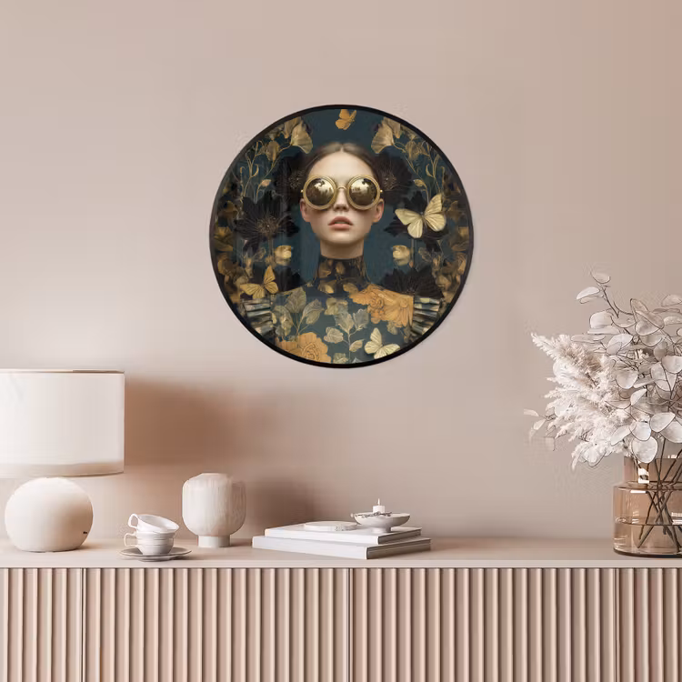 Vrouw - Bladeren - Goud - Vlinders Fotolijst rond zonder passe partout klein -sfeer3