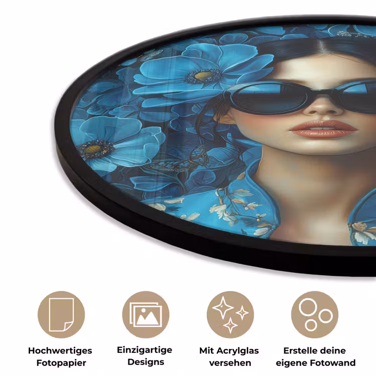 Vrouw - Bloemen - Blauw - Aesthetic - Luxe Fotolijst rond zonder passe partout klein -closeup_DE
