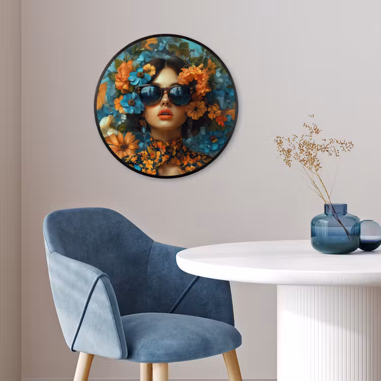 Vrouw - Bloemen - Oranje - Blauw - Modern Fotolijst rond zonder passe partout klein -sfeer2