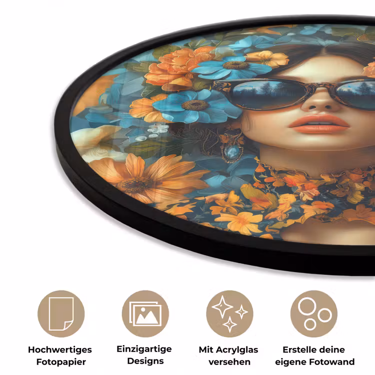Vrouw - Bloemen - Oranje - Blauw - Modern Fotolijst rond zonder passe partout klein -closeup_DE