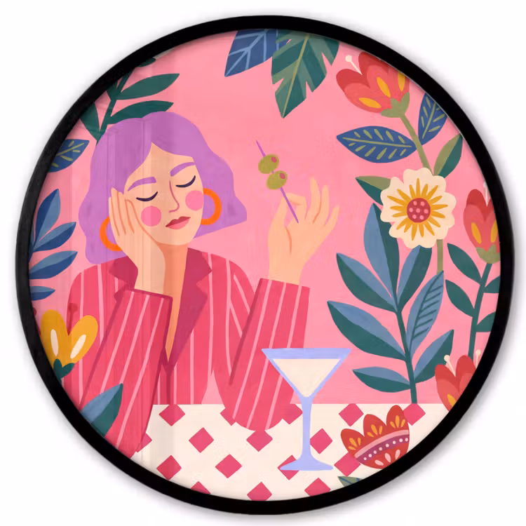 Vrouw - Cocktail - Bloemen - Modern - Roze Fotolijst rond zonder passe partout klein -3d