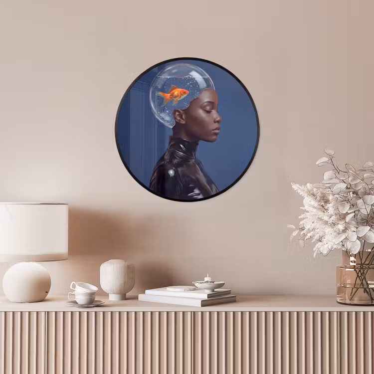 Vrouw - Goudvis - Hoofd - Abstract - Blauw Fotolijst rond zonder passe partout klein -sfeer3