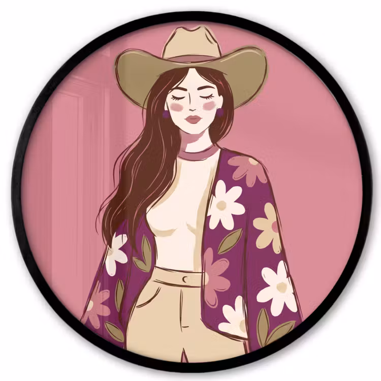 Vrouw - Hoed - Portret - Illustratie - Roze Fotolijst rond zonder passe partout klein -3d