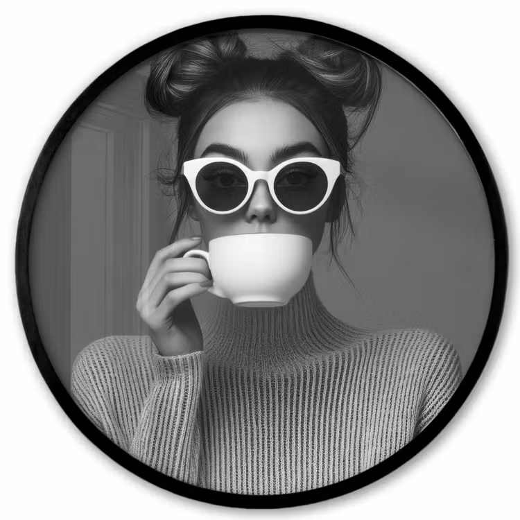 Vrouw - Koffie - Zwart - Wit Fotolijst rond zonder passe partout klein -3d