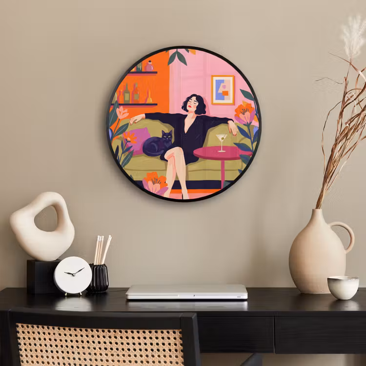 Vrouw - Kat - Interieur - Modern - Kleurrijk Fotolijst rond zonder passe partout klein -sfeer1