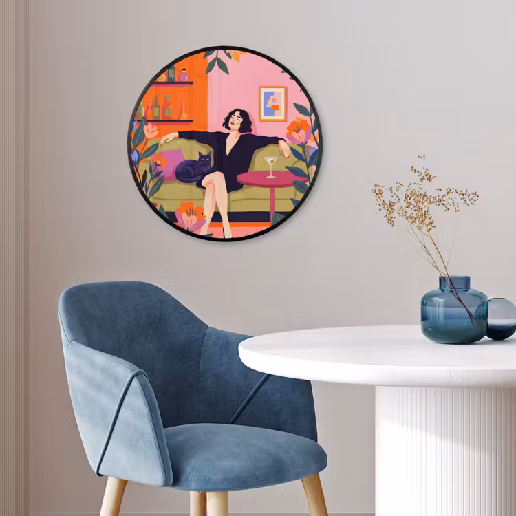 Vrouw - Kat - Interieur - Modern - Kleurrijk Fotolijst rond zonder passe partout klein -sfeer2