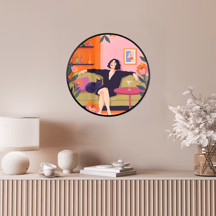Vrouw - Kat - Interieur - Modern - Kleurrijk Fotolijst rond zonder passe partout klein -sfeer3