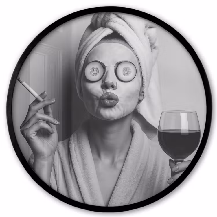 Vrouw - Masker - Wijn - Sigaret Fotolijst rond zonder passe partout klein -3d