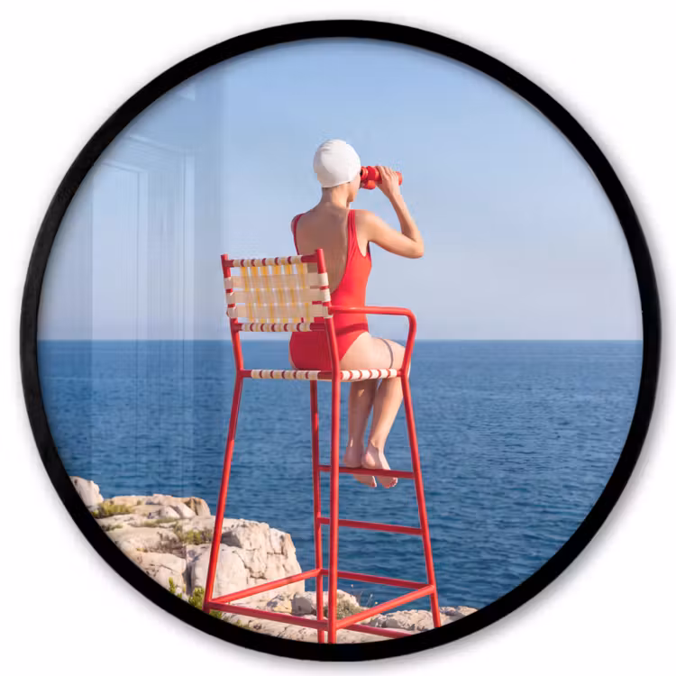 Vrouw - Zee - Kust - Verrekijker - Rood Fotolijst rond zonder passe partout klein -3d