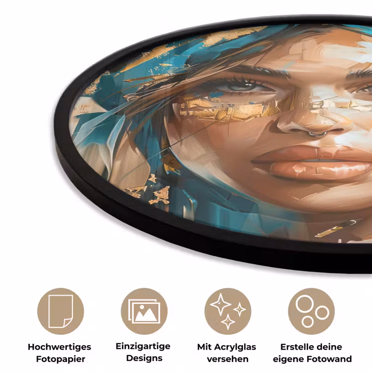 Vrouw - Portret - Goud - Luxe - Blauw Fotolijst rond zonder passe partout klein -closeup_DE