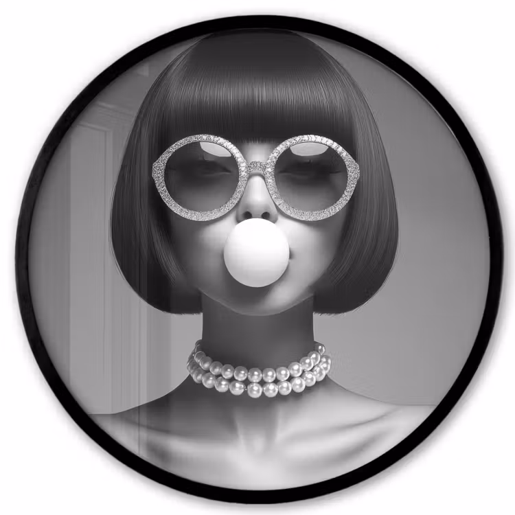 Vrouw - Zwart Wit - Ketting - Zonnebril Fotolijst rond zonder passe partout klein -3d