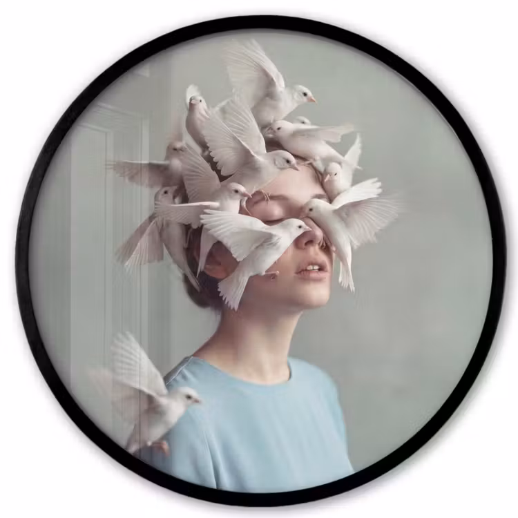 Vrouw - Vogels - Abstract - Modern - Wit Fotolijst rond zonder passe partout klein -3d