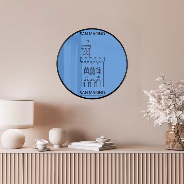 Gebouw - San Marino - Architectuur - Lijntekening - Blauw Fotolijst rond zonder passe partout klein -sfeer3