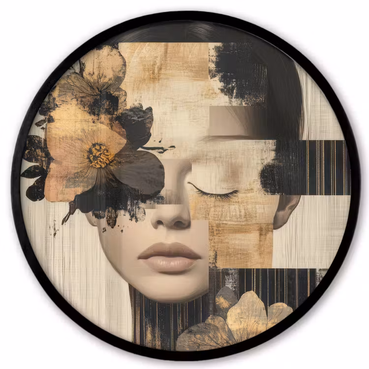 Gezicht - Bloemen - Zwart - Vrouw Fotolijst rond zonder passe partout klein -3d