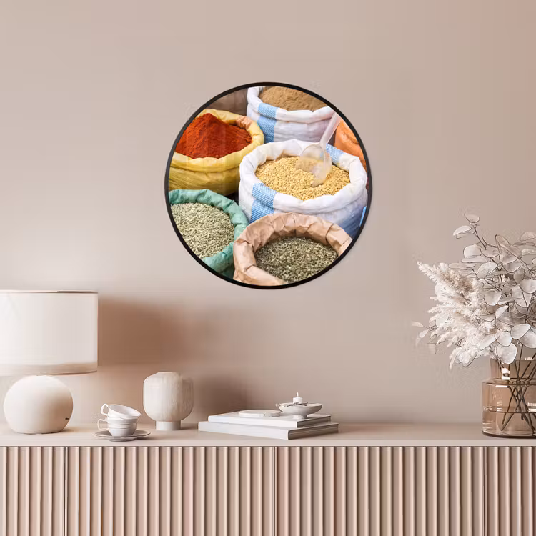Poster im Rahmen Rund - Gewürze – Beutel – Markt - Kruiden - Zakken - Markt Fotolijst rond zonder passe partout klein