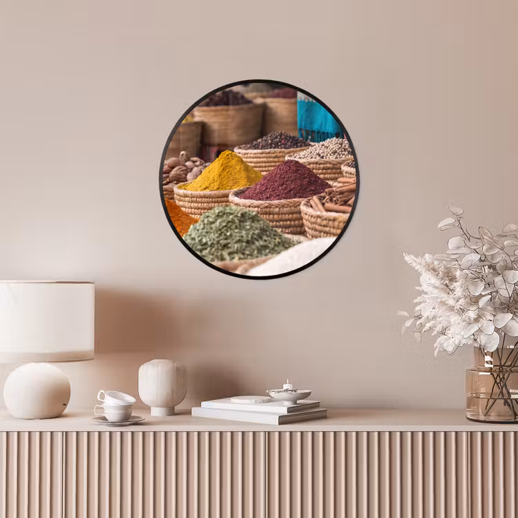 Poster im Rahmen Rund - Gewürze – Körbe – Orientalisch - Kruiden - Manden - Oosters Fotolijst rond zonder passe partout klein