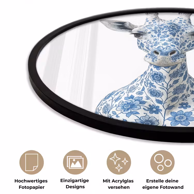 Giraffe - Delfts blauw - Dieren - Minimalistisch Fotolijst rond zonder passe partout klein -closeup_DE