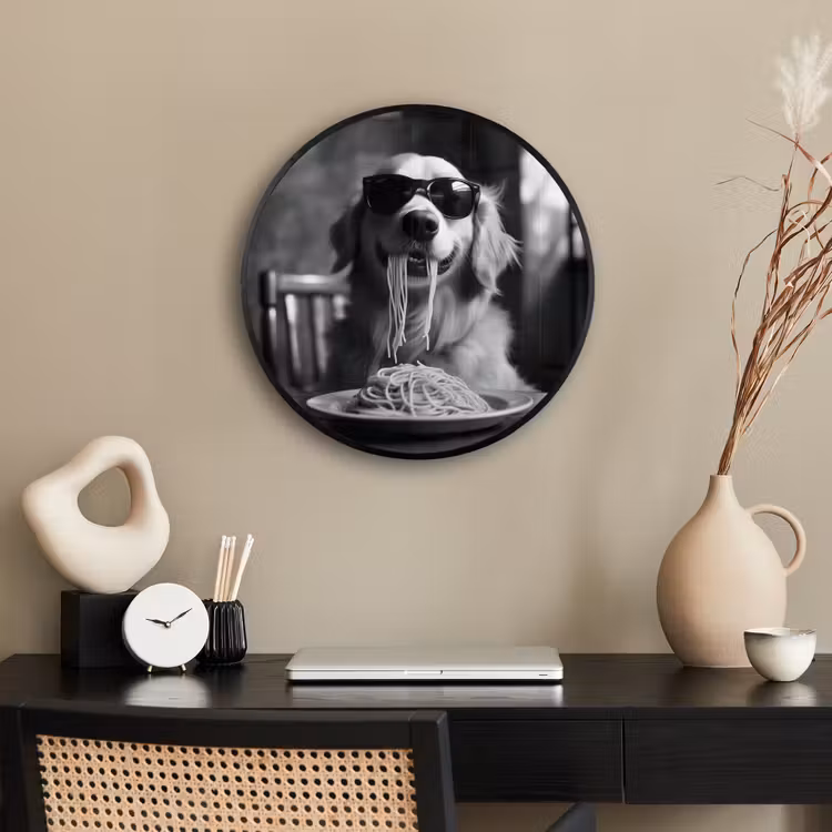 Golden Retriever - Hond - Vrolijk - Bord spaghetti - Zwart - wit Fotolijst rond zonder passe partout klein -sfeer1