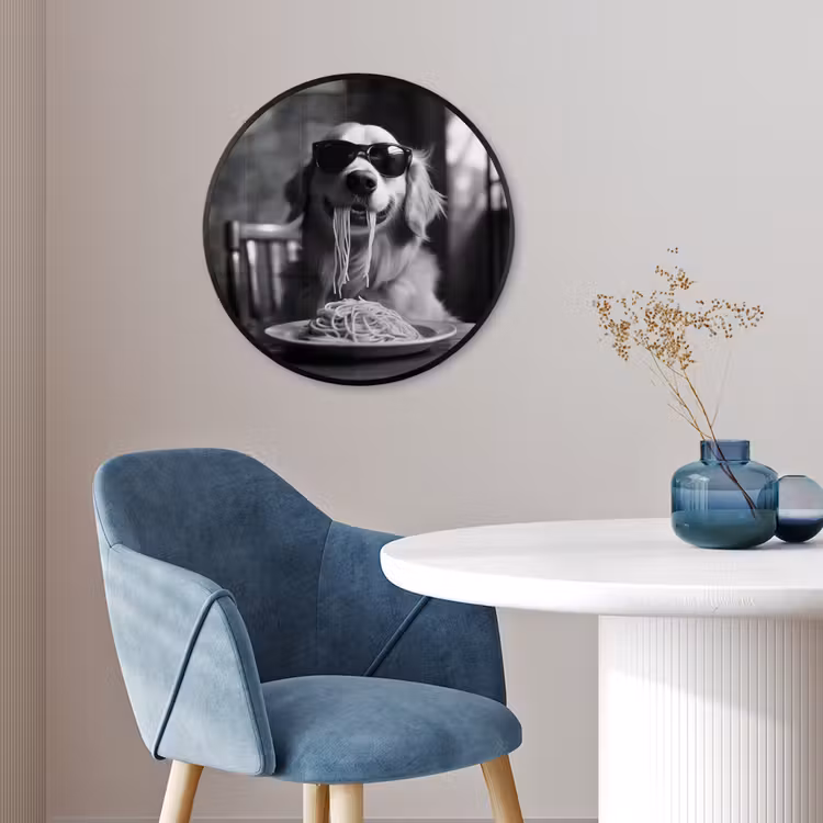 Golden Retriever - Hond - Vrolijk - Bord spaghetti - Zwart - wit Fotolijst rond zonder passe partout klein -sfeer2